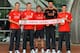 LIVERPOOL, UNITED KINGDOM - AUGUST 03: Manager Kenny Dalglish (C) presents new signings (L-R) Jordan Henderson, Charlie Adam, Alexander Doni and Stewart Downing of Liverpool following a press conference at Melwood Training Ground on August 3, 2011 in Liv