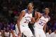 Nov 28, 2013; Paradise Island, BAHAMAS; Kansas Jayhawks center Joel Embiid (21) and guard Andrew Wiggins (22) look to rebound during the game against the Wake Forest Demon Deacons at the 2013 Battle 4 Atlantis in the Imperial Arena at the Atlantis Resort.