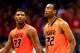 LAWRENCE, KS - JANUARY 18: Marcus Smart #33 and Markel Brown #22 of the Oklahoma State Cowboys walk off the court during a timeout in the game against the Kansas Jayhawks at Allen Fieldhouse on January 18, 2014 in Lawrence, Kansas. (Photo by Jamie Squir