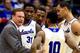 LAWRENCE, KS - JANUARY 11: Head coach Bill Self of the Kansas Jayhawks talks with players during a timeout in the game against the Kansas State Wildcats at Allen Fieldhouse on January 11, 2014 in Lawrence, Kansas. (Photo by Jamie Squire/Getty Images)