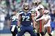 Nov 3, 2013; Seattle, WA, USA; Seattle Seahawks defensive end Michael Bennett (72) celebrates a sack against the Tampa Bay Buccaneers during the third quarter at CenturyLink Field. Mandatory Credit: Joe Nicholson-USA TODAY Sports