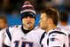 CHARLOTTE, NC - NOVEMBER 18: Teammates Ryan Mallett #15 and Tom Brady #12 of the New England Patriots during their game at Bank of America Stadium on November 18, 2013 in Charlotte, North Carolina. (Photo by Streeter Lecka/Getty Images)