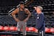 NEW YORK, NY - JANUARY 22: Head Coach Brett Brown talks to Nerlens Noel #4 of the Philadelphia 76ers prior to the game against the New York Knicks during the game on January 22, 2014 at Madison Square Garden in New York City, New York. NOTE TO USER: User
