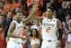 Feb 22, 2014; Stillwater, OK, USA; Oklahoma State Cowboys guard Marcus Smart (33) and wing Le'Bryan Nash celebrate after a basket against Texas Tech Red Raiders during the first half at Gallagher-Iba Arena. Oklahoma State Cowboys won 84-62. Mandatory Cre