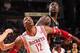 HOUSTON, TX - DECEMBER 28: Dwight Howard #12 of the Houston Rockets battles for rebound position against the Indiana Pacers on March 7, 2014 at the Toyota Center in Houston, Texas. NOTE TO USER: User expressly acknowledges and agrees that, by downloading