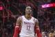Mar 4, 2014; Houston, TX, USA; Houston Rockets center Dwight Howard (12) walks off the court after the Rockets defeated the Miami Heat 106-103 at Toyota Center. Mandatory Credit: Troy Taormina-USA TODAY Sports