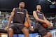 SAN ANTONIO - JUNE 5: (L-R) David Robinson #50 and Tim Duncan #21 of the San Antonio Spurs rest on the scorer's table in practice during media day availability for the 2003 NBA Finals at the SBC Center on June 5, 2003 in San Antonio, Texas. NOTE TO USER
