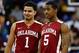 Mar 8, 2014; Fort Worth, TX, USA; Oklahoma Sooners guard Frank Booker (1) and Oklahoma Sooners guard Je'lon Hornbeak (5) laugh during the game against the TCU Horned Frogs at Daniel-Meyer Coliseum. Mandatory Credit: Kevin Jairaj-USA TODAY Sports