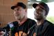 Bonds addresses the media alongside Giants manager Bruce Bochy.