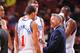 PHILADELPHIA, PA - FEBRUARY 5: # Head Coach Brett Brown talks to his team at the game with the Boston Celtics against the Philadelphia 76ers at the Wells Fargo Center on February 5, 2014 in Philadelphia, Pennsylvania. NOTE TO USER: User expressly acknowle