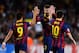 BARCELONA, SPAIN - SEPTEMBER 18: Lionel Messi (R) of FC Barcelona celebrates with his team-mates Gerard Pique (C) and Alexis Sanchez after scoring his team's second goal during the UEFA Champions League Group H match between FC Barcelona and Ajax Amsterd