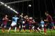 MANCHESTER, ENGLAND - FEBRUARY 18: Victor Valdes of Barcelona rises to make a save under pressure during the UEFA Champions League Round of 16 first leg match between Manchester City and Barcelona at the Etihad Stadium on February 18, 2014 in Manchester,