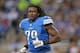 DETROIT, MI - NOVEMBER 24: Willie Young #79 of the Detroit Lions runs off the field after losing his helmet during the last play of the third quarter during the game against the Tampa Bay Buccaneers at Ford Field on November 24, 2013 in Detroit, Michigan