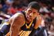 HOUSTON, TX - MARCH 7: Paul George #24 of the Indiana Pacers reacts to a play against the Houston Rockets on March 7, 2014 at the Toyota Center in Houston, Texas. NOTE TO USER: User expressly acknowledges and agrees that, by downloading and or using this