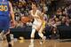 INDIANAPOLIS - MARCH 4: George Hill #3 of the Indiana Pacers dribbles the ball against the Golden State Warriors at Bankers Life Fieldhouse on March 4, 2014 in Indianapolis, Indiana. NOTE TO USER: User expressly acknowledges and agrees that, by downloadi