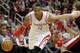 Mar 9, 2014; Houston, TX, USA; Houston Rockets center Dwight Howard (12) drives to the basket against Portland Trail Blazers center Robin Lopez (42) during the second quarter at Toyota Center. Mandatory Credit: Andrew Richardson-USA TODAY Sports