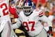 SAN FRANCISCO, CA - OCTOBER 14: Defensive tackle Linval Joseph #97 of the New York Giants works against the San Francisco 49ers in the third quarter on October 14, 2012 at Candlestick Park in San Francisco, California. The Giants won 26-3. (Photo by Bri