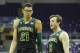 Feb 12, 2014; Fort Worth, TX, USA; Baylor Bears center Isaiah Austin (21) and Baylor Bears guard Brady Heslip (5) on the court during the second half against the TCU Horned Frogs at Daniel-Meyer Coliseum. Baylor beat TCU 91-58. Mandatory Credit: Tim Heitm