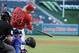 Sep 7, 2013; Anaheim, CA, USA; Los Angeles Angels first baseman Mark Trumbo (44) hits a two-run home run against the Texas Rangers in the first inning of the game at Angel Stadium of Anaheim. Mandatory Credit: Jayne Kamin-Oncea-USA TODAY Sports