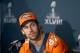 JERSEY CITY, NJ - JANUARY 30: Eric Decker #87 of the Denver Broncos addresses the media during Super Bowl XLVIII media availability on January 30, 2014 in Jersey City, New Jersey. The Denver Broncos and Seattle Seahawks will meet in Super Bowl XLVIII at