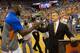 GAINESVILLE, FL - MARCH 08: Patric Young #4 shakes hands with head coach Billy Donovan of the Florida Gators while being honored before the game against the Kentucky Wildcats at the Stephen C. O'Connell Center on March 8, 2014 in Gainesville, Florida. (Ph