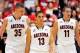 Feb 9, 2014; Tucson, AZ, USA; Arizona Wildcats center Kaleb Tarczewski (35) guard Nick Johnson (13) and forward Aaron Gordon (11) walk on the court during the first half against the Oregon State Beavers at McKale Center. Arizona won 76-54. Mandatory Credi