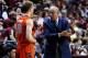 TALLAHASSEE, FL - MARCH 09: Head coach Jim Boeheim of the Syracuse Orangemen speaks with Trevor Cooney #10 during a game against the Florida State Seminoles at the Donald L. Tucker Center on March 9, 2014 in Tallahassee, Florida. Syracuse won the game 7