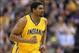 Mar 11, 2014; Indianapolis, IN, USA; Indiana Pacers center Andrew Bynum (17) runs up court during a game against the Boston Celtics at Bankers Life Fieldhouse. Mandatory Credit: Brian Spurlock-USA TODAY Sports