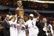 Mar 9, 2014; St. Louis, MO, USA; Wichita State Shockers celebrate defeated the Indiana State Sycamores 83-69 to win the Missouri Valley Conference basketball tournament at Scotttrade Center.. Mandatory Credit: Scott Kane-USA TODAY Sports