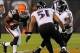 Nov 3, 2013; Cleveland, OH, USA; Cleveland Browns running back Fozzy Whittaker (35) runs against Baltimore Ravens inside linebacker Daryl Smith (51) and Ravens inside linebacker Jameel McClain (53) at FirstEnergy Stadium. Mandatory Credit: Ken Blaze-USA T