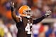 Oct 3, 2013; Cleveland, OH, USA; Cleveland Browns strong safety T.J. Ward (43) celebrates after beating the Buffalo Bills 37-24 at FirstEnergy Stadium. Mandatory Credit: Ron Schwane-USA TODAY Sports