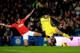 LONDON, ENGLAND - JANUARY 19: Javier Hernandez of Manchester United challenges goalkeeper Petr Cech of Chelsea for the ball during the Barclays Premier League match between Chelsea and Manchester United at Stamford Bridge on January 19, 2014 in London, E