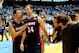 CHAPEL HILL, NC - NOVEMBER 17: Spencer Turner #11 and J.J. Mann #24 of the Belmont Bruins leave the court after a last-second win over the North Carolina Tar Heels at the Dean Smith Center on November 17, 2013 in Chapel Hill, North Carolina. Mann hit the