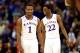 KANSAS CITY, MO - MARCH 13: Wayne Selden, Jr. #1 of the Kansas Jayhawks celebrates with Andrew Wiggins #22 as the Jayahwks defeat the Oklahoma State Cowboys 77-70 to win the Big 12 Basketball Tournament quarterfinal game at Sprint Center on March 13, 201