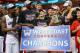 LAS VEGAS, NV - MARCH 11: Members of the Gonzaga Bulldogs (L-R) Gary Bell Jr. #5, Sam Dower #35, David Stockton #11, Kevin Pangos #4 and Drew Barham #43 celebrate after winning the championship game of the West Coast Conference Basketball tournament 75-6