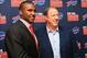 Apr 26, 2013; Orchard Park, NY, USA; Buffalo Bills first round draft pick quarterback E.J. Manuel and former Bills quarterback Jim Kelly at the press conference at Ralph Wilson Stadium. Mandatory Credit: Kevin Hoffman-USA TODAY Sports