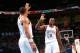 OKLAHOMA CITY, OK - MARCH 3: Russell Westbrook #0 and Serge Ibaka #9 of the Oklahoma City Thunder celebrate during a game against the Charlotte Bobcats on March 3, 2014 at the Chesapeake Energy Arena in Oklahoma City, Oklahoma. NOTE TO USER: User expressl