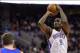 Jan 25, 2014; Philadelphia, PA, USA; Oklahoma City Thunder forward Serge Ibaka (9) shoots a jump shot during the third quarter against the Philadelphia 76ers at the Wells Fargo Center. The Thunder defeated the Sixers 103-91. Mandatory Credit: Howard Smith