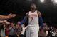 Nov 14, 2013; New York, NY, USA; New York Knicks small forward Carmelo Anthony (7) and fans react after he was fouled late during the fourth quarter of a game against the Houston Rockets at Madison Square Garden. Mandatory Credit: Brad Penner-USA TODAY Sp