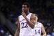 Mar 13, 2014; Kansas City, MO, USA; Kansas Jayhawks guard Andrew Wiggins (22) laughs while on the foul line during the second half against the Oklahoma State Cowboys in the second round of the Big 12 Conference college basketball tournament at Sprint Cent