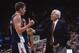 14 Feb 2002: Head coach Lute Olson of Arizona Wildcats talks to his forward Luke Walton #4 during the Pac-10 game against the UCLA Bruins at the Pauley Pavilion in Westwood, California. The Bruins defeated the Wildcats 77-76. \ Mandatory Credit: Jeff G