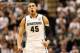 EAST LANSING, MI - FEBRUARY 06: Denzel Valentine #45 of the Michigan State Spartans reacts during the first half while playing the Iowa Hawkeyes at the Jack T. Breslin Student Events Center on February 6, 2014 in East Lansing, Michigan. (Photo by Gregory