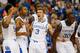 ATLANTA, GA - MARCH 15: Andrew Harrison #5, Aaron Harrison #2, Jarrod Polson #3 and Julius Randle #30 of the Kentucky Wildcats react to a play against the Georgia Bulldogs during the semifinals of the SEC Men's Basketball Tournament at Georgia Dome on Ma
