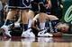 LAS VEGAS, NV - MARCH 11: Kyle Collinsworth #5 of the Brigham Young Cougars holds his knee after injuring it during the championship game of the West Coast Conference Basketball tournament against the Gonzaga Bulldogs at the Orleans Arena on March 11, 20