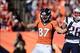 January 19, 2014; Denver, CO, USA; Denver Broncos wide receiver Eric Decker (87) reacts during the first half against the New England Patriots in the 2013 AFC Championship football game at Sports Authority Field at Mile High. Mandatory Credit: Ron Chenoy-