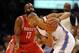 Mar 11, 2014; Oklahoma City, OK, USA; Oklahoma City Thunder small forward Caron Butler (2) handles the ball against Houston Rockets shooting guard James Harden (13) during the second quarter at Chesapeake Energy Arena. Mandatory Credit: Mark D. Smith-USA