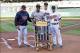 Jul 2, 2013; Minneapolis, MN, USA; Minnesota Twins relief pitcher Glen Perkins (15), first baseman Justin Morneau (33) and manager Ron Gardenhire present a rocking chair to New York Yankees relief pitcher Mariano Rivera (42) before the game at Target Fiel