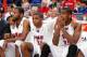 MEMPHIS, TN - MARCH 13: Ben Moore #34 and Yanick Moreira #35 of the SMU Mustangs look on dejected from bench moments before their loss to the Houston Cougars during the quarterfinal round of the American Athletic Conference Tournament at FedExForum on Mar