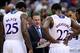Mar 13, 2014; Kansas City, MO, USA; Kansas Jayhawks head coach Bill Self talks to forward Tarik Black (25) and guard Andrew Wiggins (22) in a timeout during the second half against the Oklahoma State Cowboys in the second round of the Big 12 Conference co