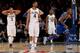 NEW YORK, NY - MARCH 13: Fuquan Edwin #23 of the Seton Hall Pirates celebrates the win as Josh Hart #3,Darrun Hilliard II #4 and James Bell #32 of the Villanova Wildcats react to the loss during the quarterfinals of the Big East Basketball Tournament at